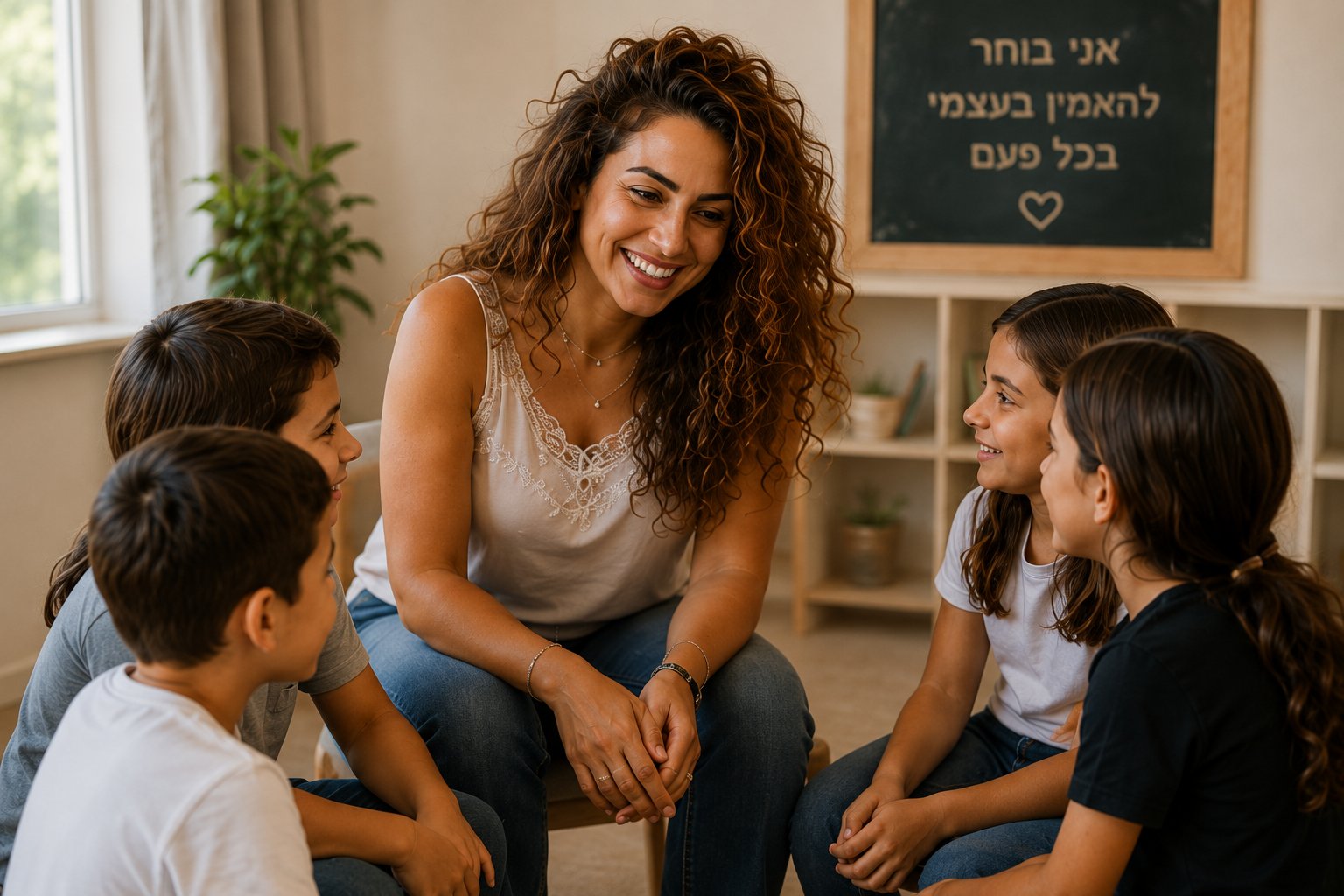 אילוסטרציה: קרין יושבת במעגל עם ילדים, מאחוריה לוח עם הכיתוב ״אני בוחר להאמין בעצמי בכל פעם״