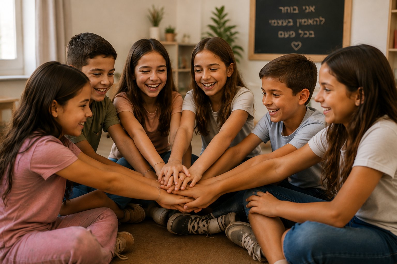 אילוסטרציה: ילדים יושבים במעגל וידיהם מונחות יחד במרכז