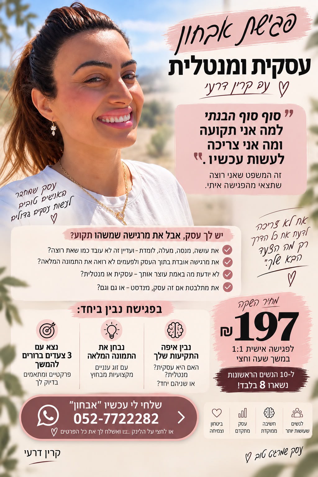 פגישת אבחון עסקית ומנטלית עם קרין דרעי: פגישה אישית של שעה וחצי במחיר השקה של 197 שקלים